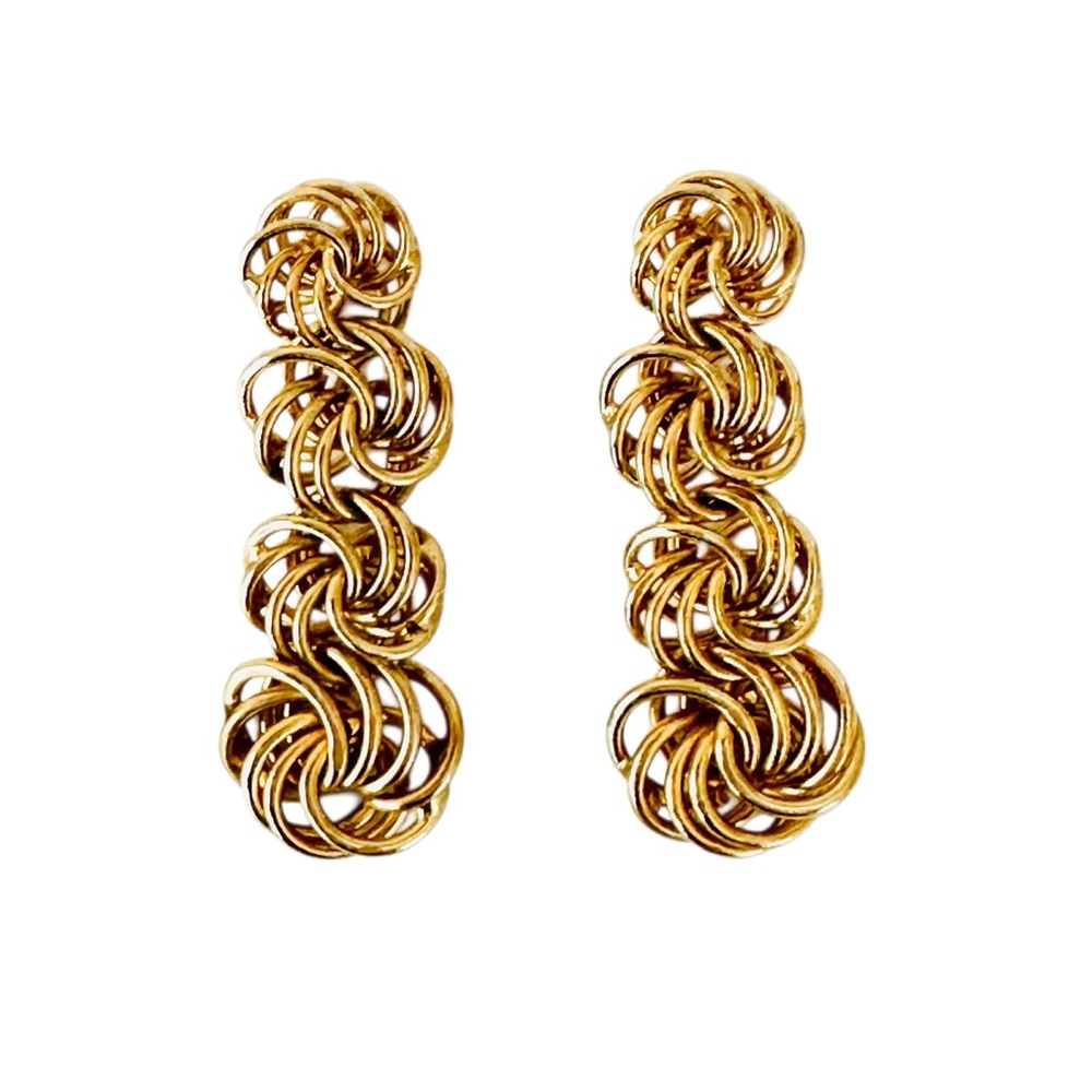 Vintage Gold Toned Pierced Dangle Earrings Cascading Interconnected Rings
